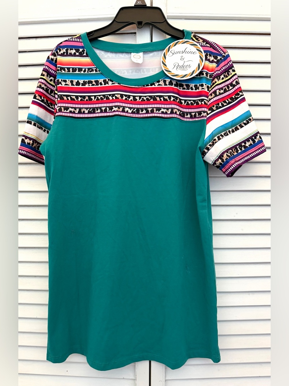 Sunshine & Rodeos Teal Short Sleeve Top with Multicolor Striped Yoke